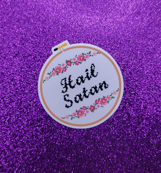 Hail Satan Cross Stitch Hoop Sticker 3"x3"