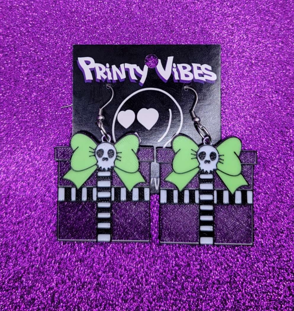 Spooky Christmas Skull Gift Box Statement Earrings 3D Printed