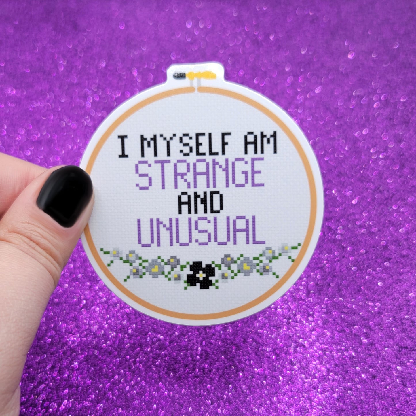 Strange and Unusual Cross Stitch Hoop Sticker 3"x3"