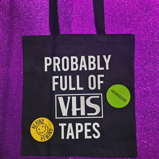 Full Of VHS Tapes Tote Bag Black Cotton Reusable Shopping Bag 15"x16"