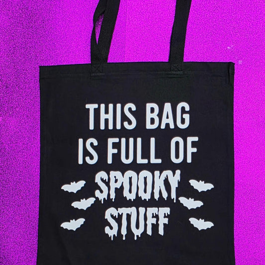 Spooky Stuff Tote Bag Black Cotton Reusable Shopping Bag 15"x16" Horror Goth