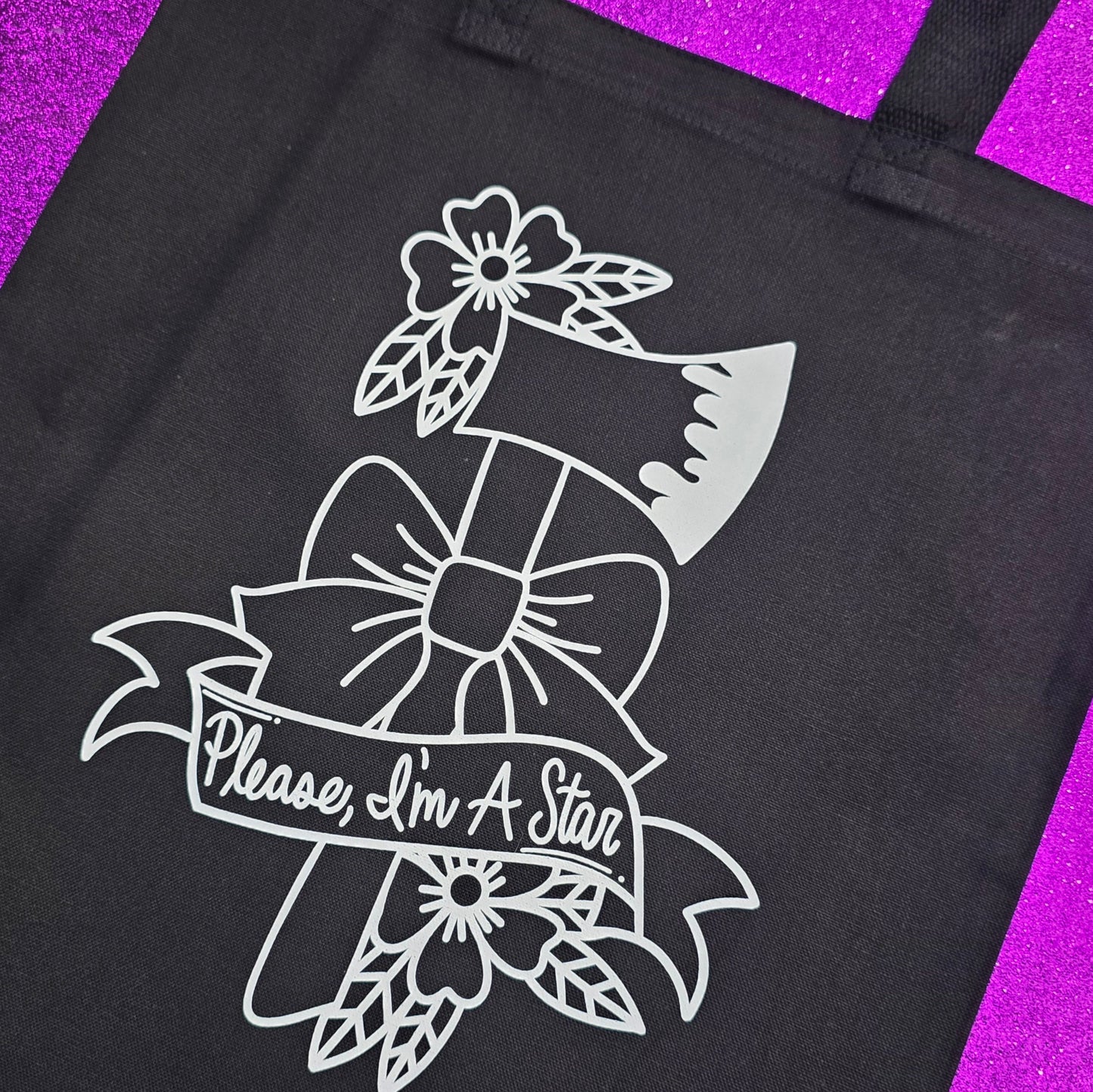 Please I'm A Star Tote Bag Black Cotton Reusable Shopping Bag 15"x16"
