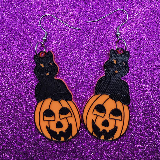 Vintage Halloween Pumpkin Cat Blow Mold Statement Earrings 3D Printed