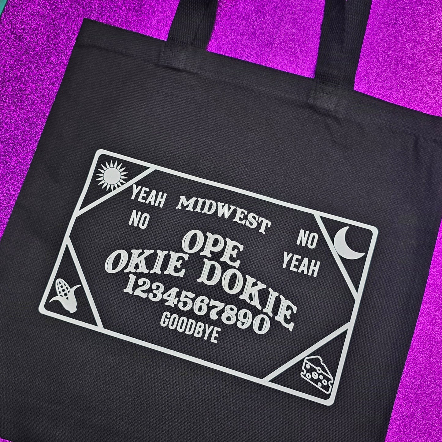 Midwest Ouija Tote Bag Black Cotton Reusable Shopping Bag 15"x16" Horror Goth Spooky