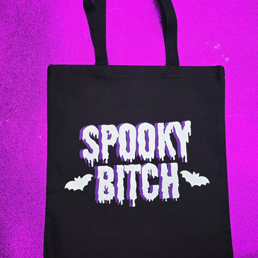 Spooky Bitch Tote Bag Black Cotton Reusable Shopping Bag 15"x16" Horror Goth