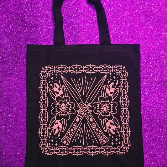 Pink Switchblade Tote Bag Black Cotton Reusable Shopping Bag 15"x16"
