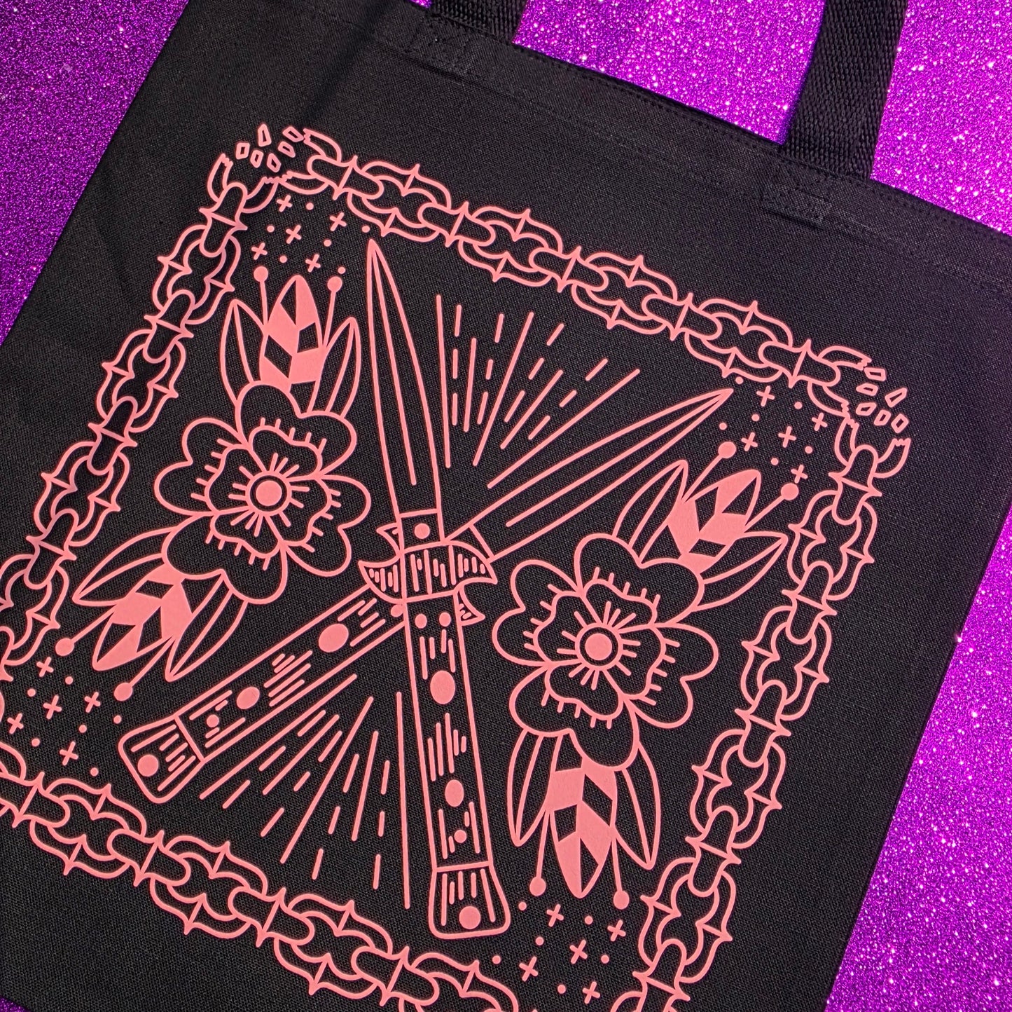 Pink Switchblade Tote Bag Black Cotton Reusable Shopping Bag 15"x16"