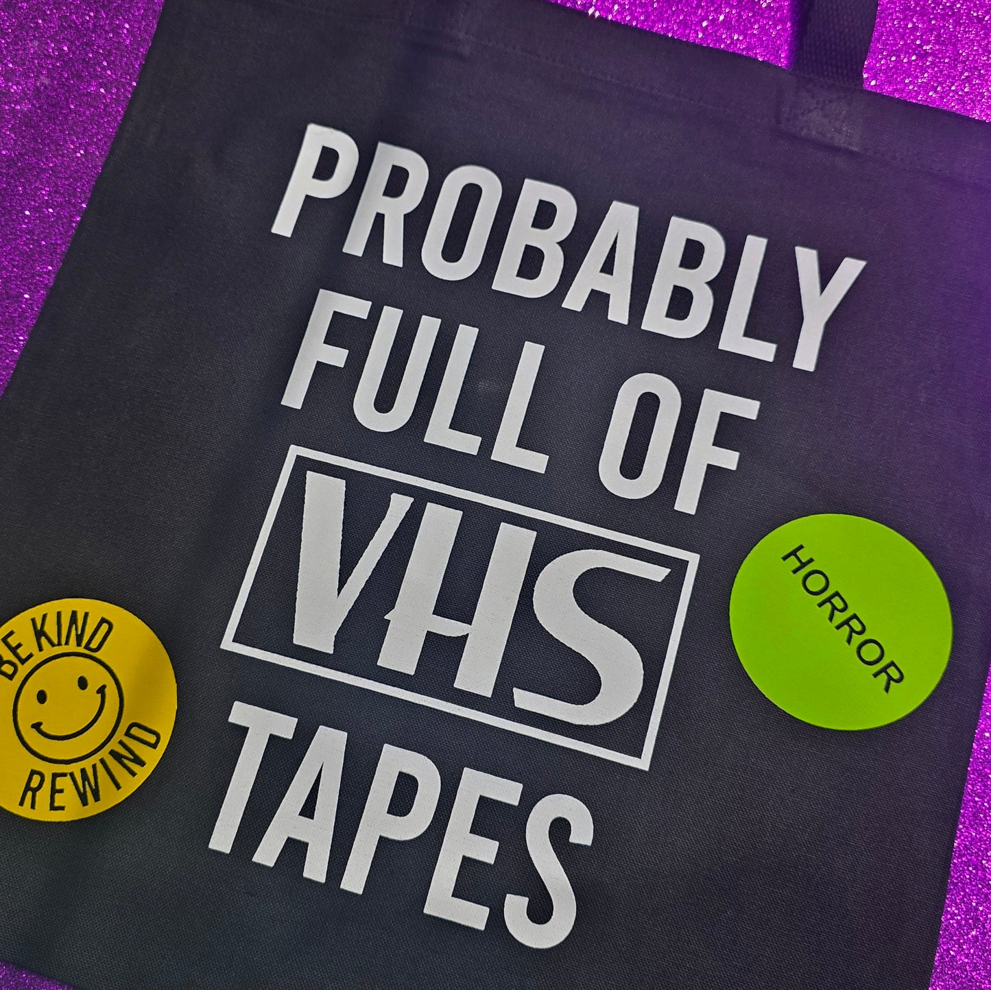 Full Of VHS Tapes Tote Bag Black Cotton Reusable Shopping Bag 15"x16"