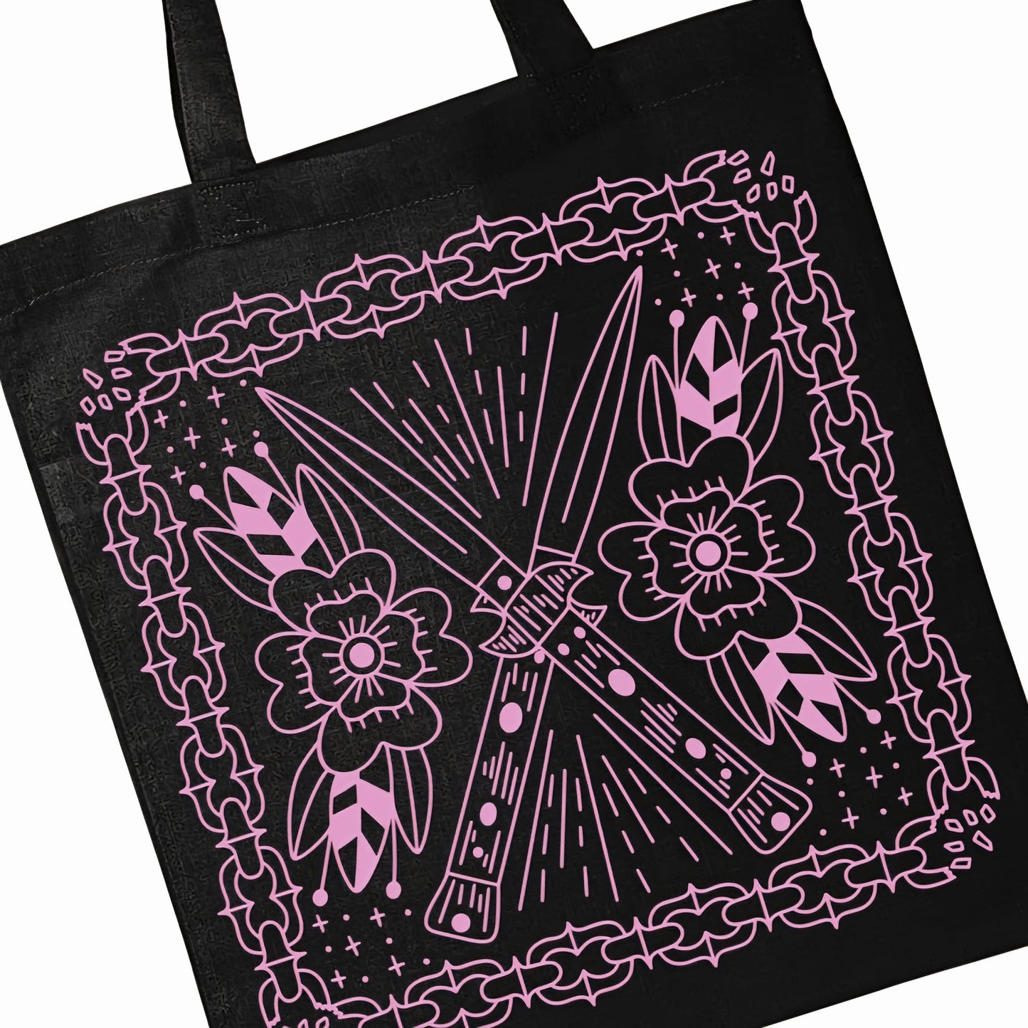 Pink Switchblade Tote Bag Black Cotton Reusable Shopping Bag 15"x16"