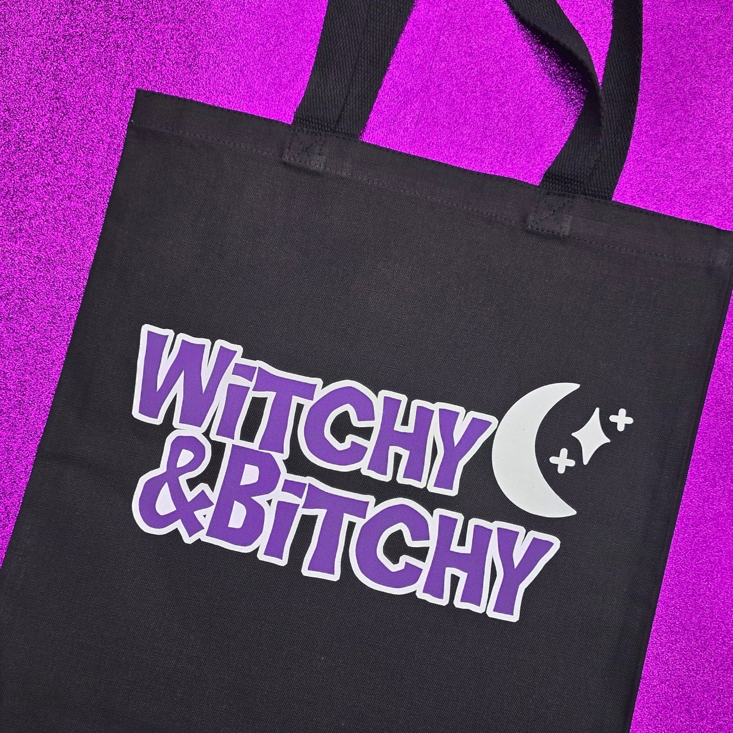 Witchy and Bitchy Tote Bag Black Cotton Reusable Shopping Bag 15"x16"