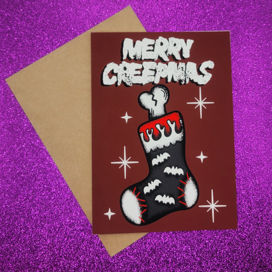 Merry Creepmas Stocking Spooky Christmas Greeting Card 5x7, Goth Christmas, Creepmas Card, Horror Holiday