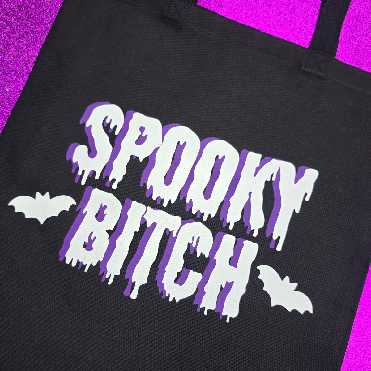 Spooky Bitch Tote Bag Black Cotton Reusable Shopping Bag 15"x16" Horror Goth