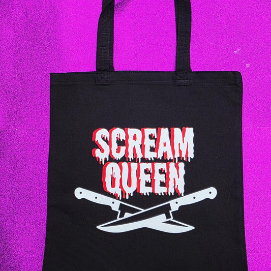 Scream Queen Tote Bag Black Cotton Reusable Shopping Bag 15"x16" Horror Goth Spooky