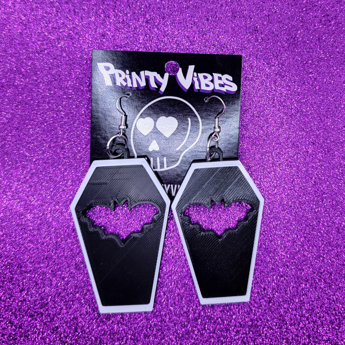 Black Coffin Bat Cutout Statement Earrings 3D Printed