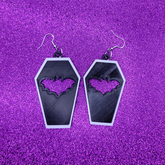 Black Coffin Bat Cutout Statement Earrings 3D Printed