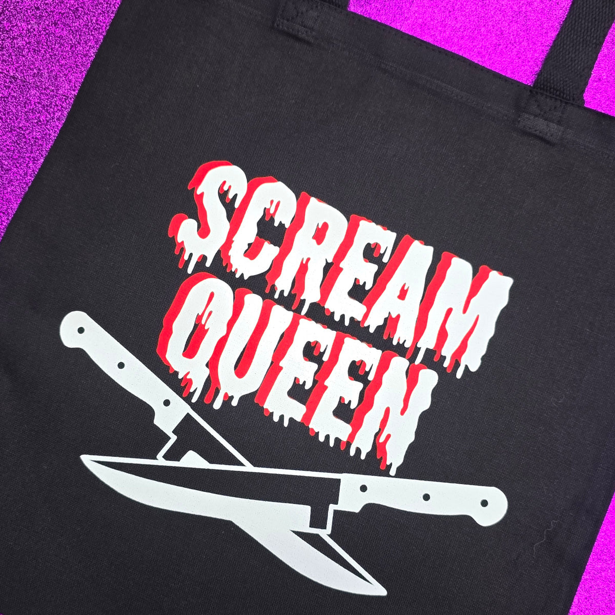 Scream Queen Tote Bag Black Cotton Reusable Shopping Bag 15"x16" Horror Goth Spooky