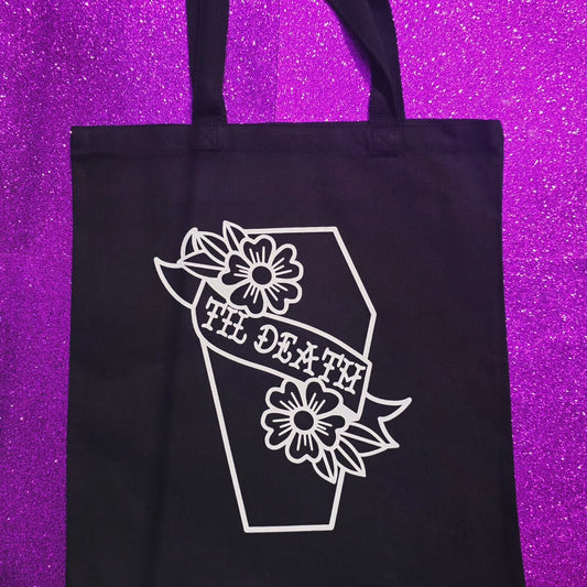 Til Death Coffin Tote Bag Black Cotton Reusable Shopping Bag 15"x16" Horror Goth Spooky