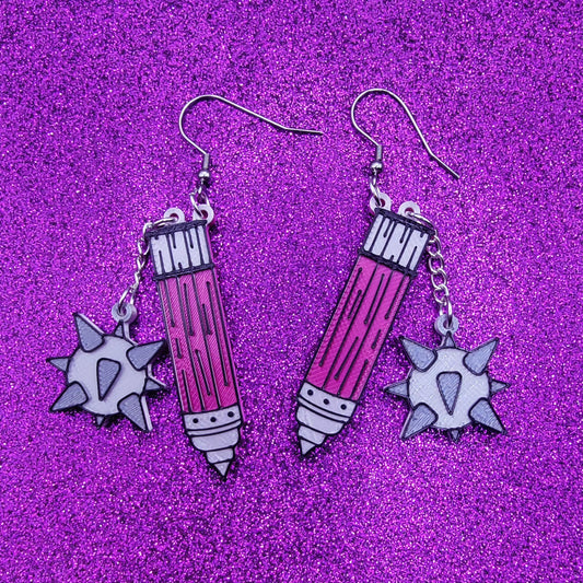Pink Medieval Flail Statement Earrings 3D Printed