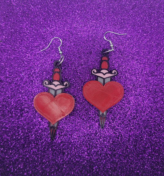 Heart Tattoo Dagger Statement Earrings 3D Printed, Weird Earrings, Unique Earrings, Edgy Earrings, Drop Earrings, Alternative Earrings