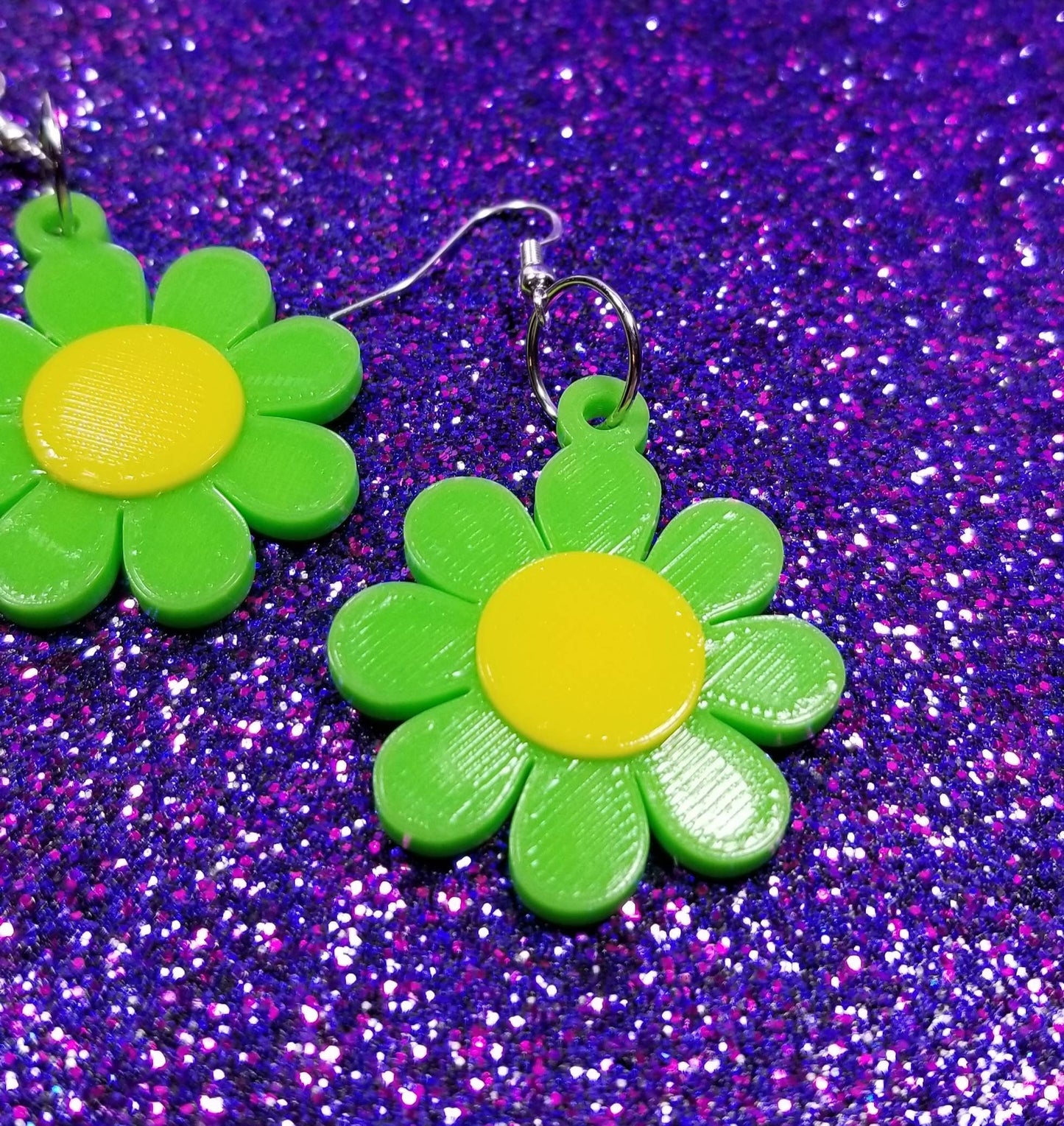 Green and Yellow Groovy Flower Mod Retro Statement Earrings 3D Printed