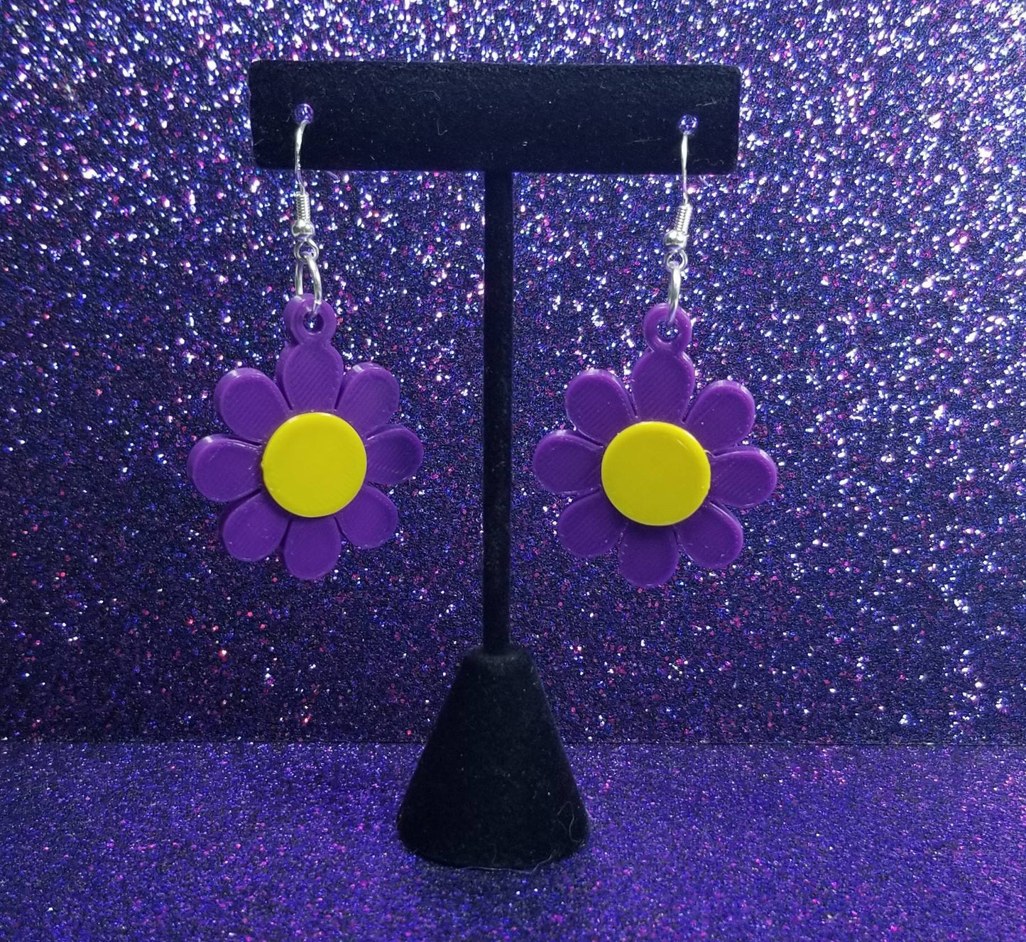 Purple and Yellow Groovy Flower Mod Retro Statement Earrings 3D Printed