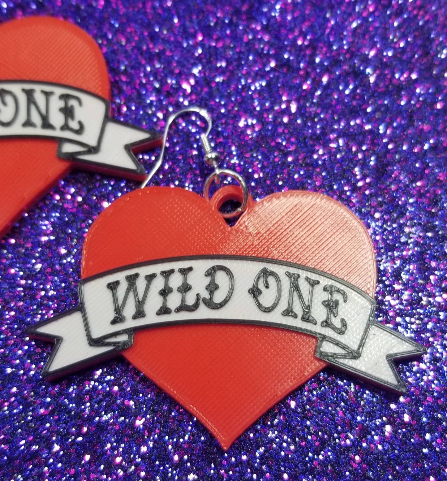 Wild One Tattoo Heart Statement Earrings 3D Printed