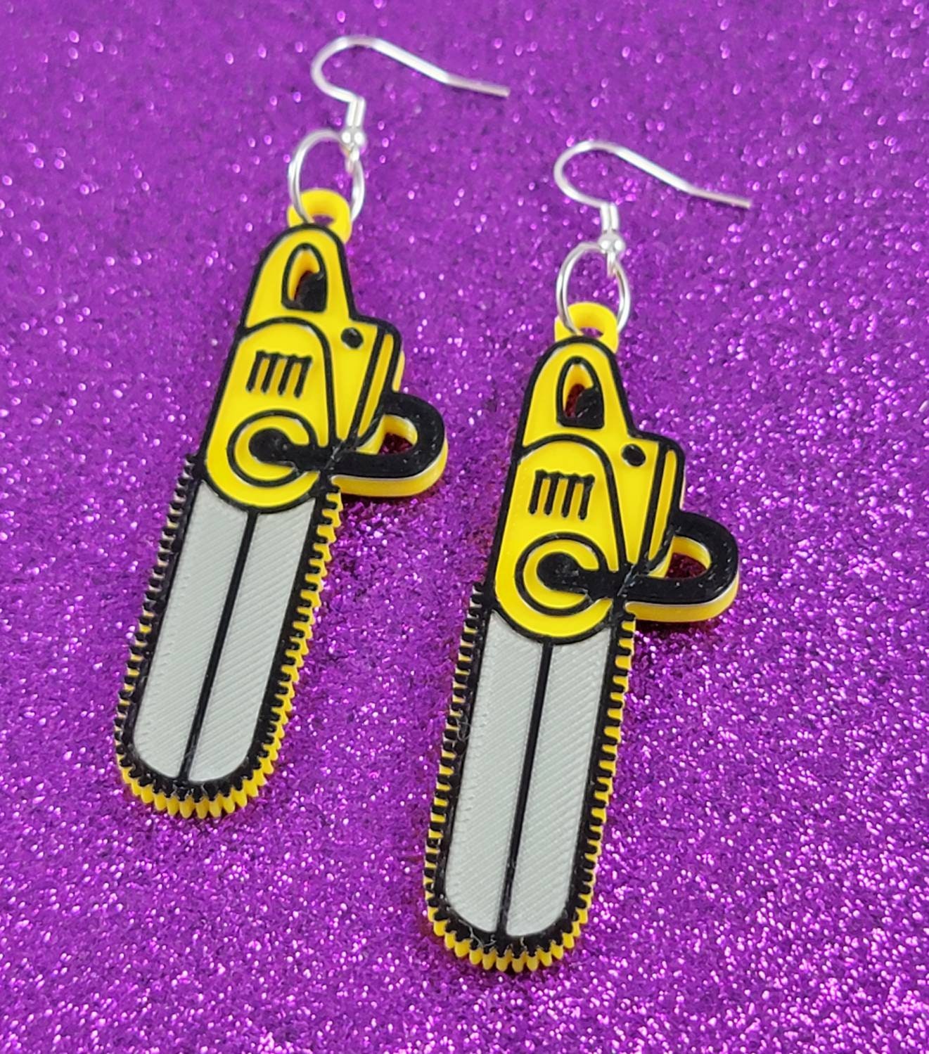 Yellow Chainsaw Statement Earrings 3D Printed