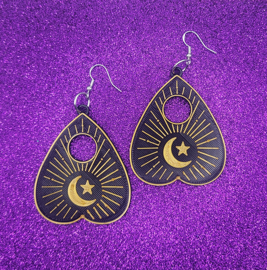 Black and Gold Ouija Planchette Statement Earrings 3D Printed, Weird Earrings, Unique Earrings, Edgy Earrings, Alternative Earrings
