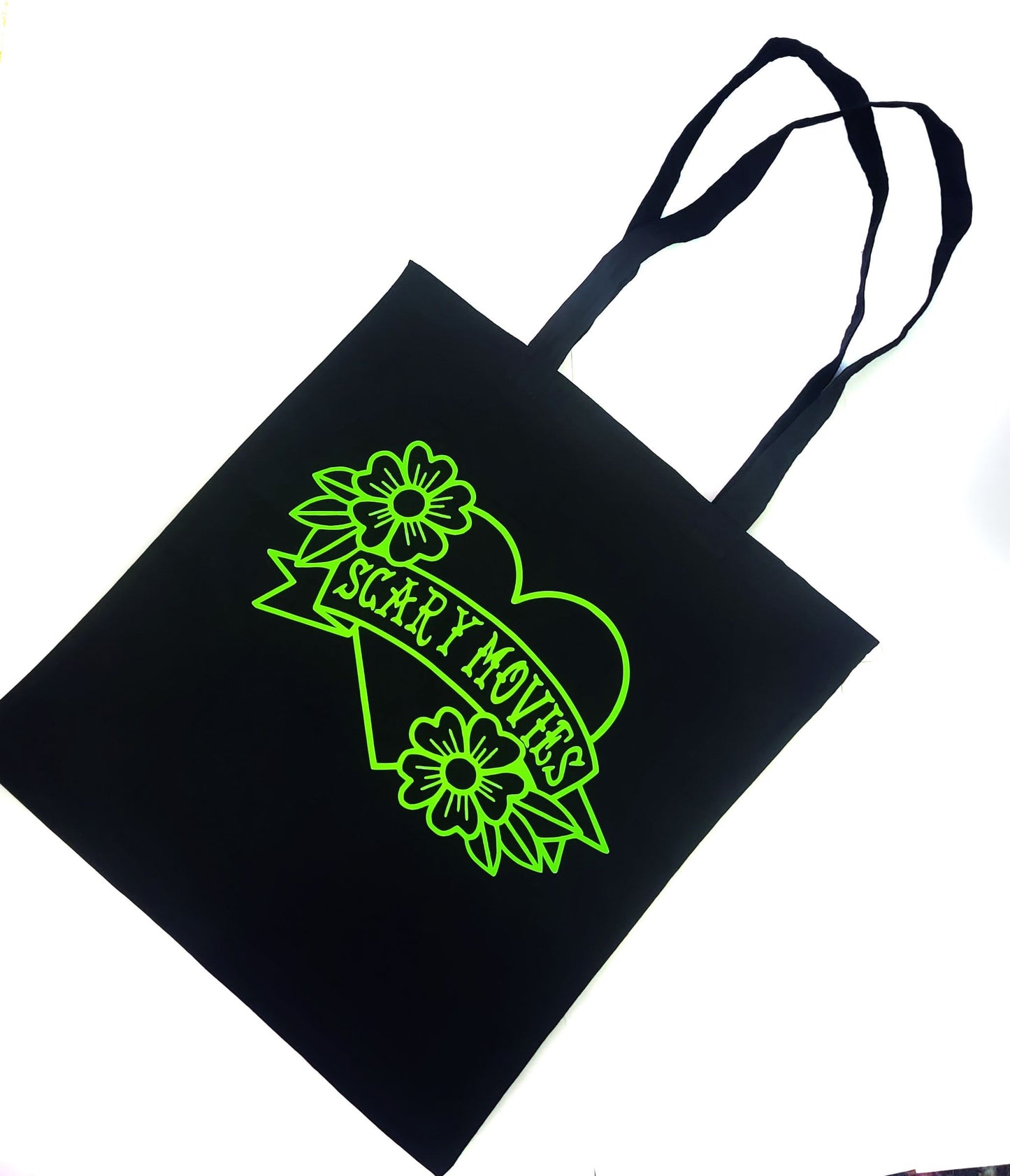 Scary Movies Tattoo Heart Tote Bag Black Cotton Reusable Shopping Bag 15"x16" Horror Goth Emo