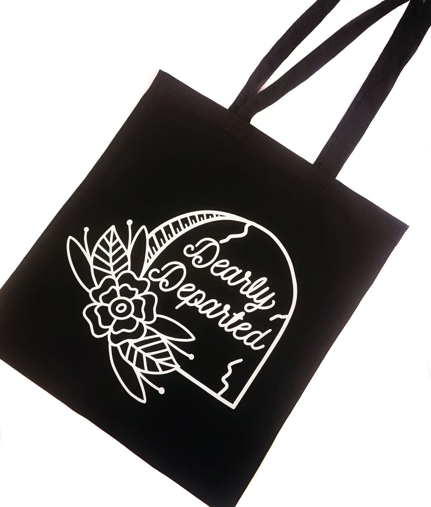 Dearly Departed Gravestone Tombstone Tote Bag Black Cotton Reusable Shopping Bag 15"x16" Goth Emo