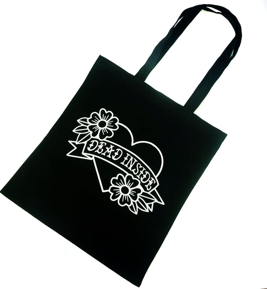 Dead Inside Tattoo Heart Tote Bag Black Cotton Reusable Shopping Bag 15"x16" Goth Emo