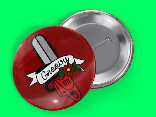 Groovy Chainsaw Horror Movie 1.5" Pinback Button Badge