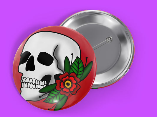Skull Flower Tattoo 1.5" Pinback Button Badge
