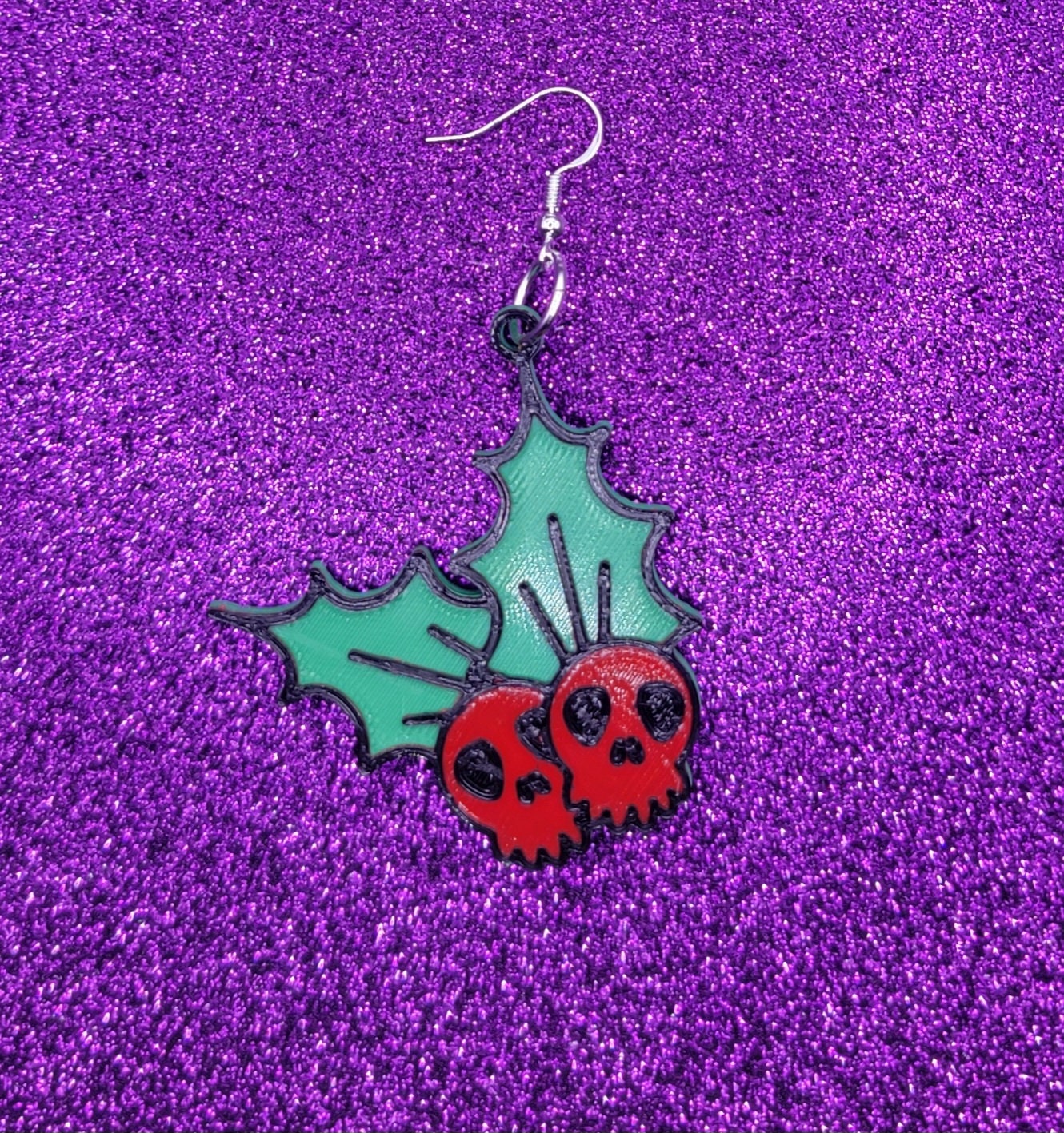 Spooky Skull Holly Christmas Earrings 3D Printed, Weird Earrings, Unique Earrings, Edgy Earrings, Drop Earrings, Alternative Earrings