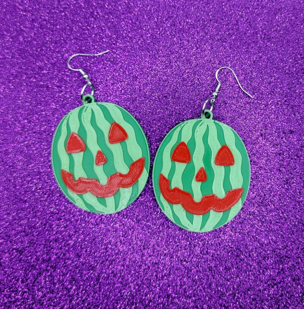 Watermelon Jack O Lantern Statement Earrings 3D Printed