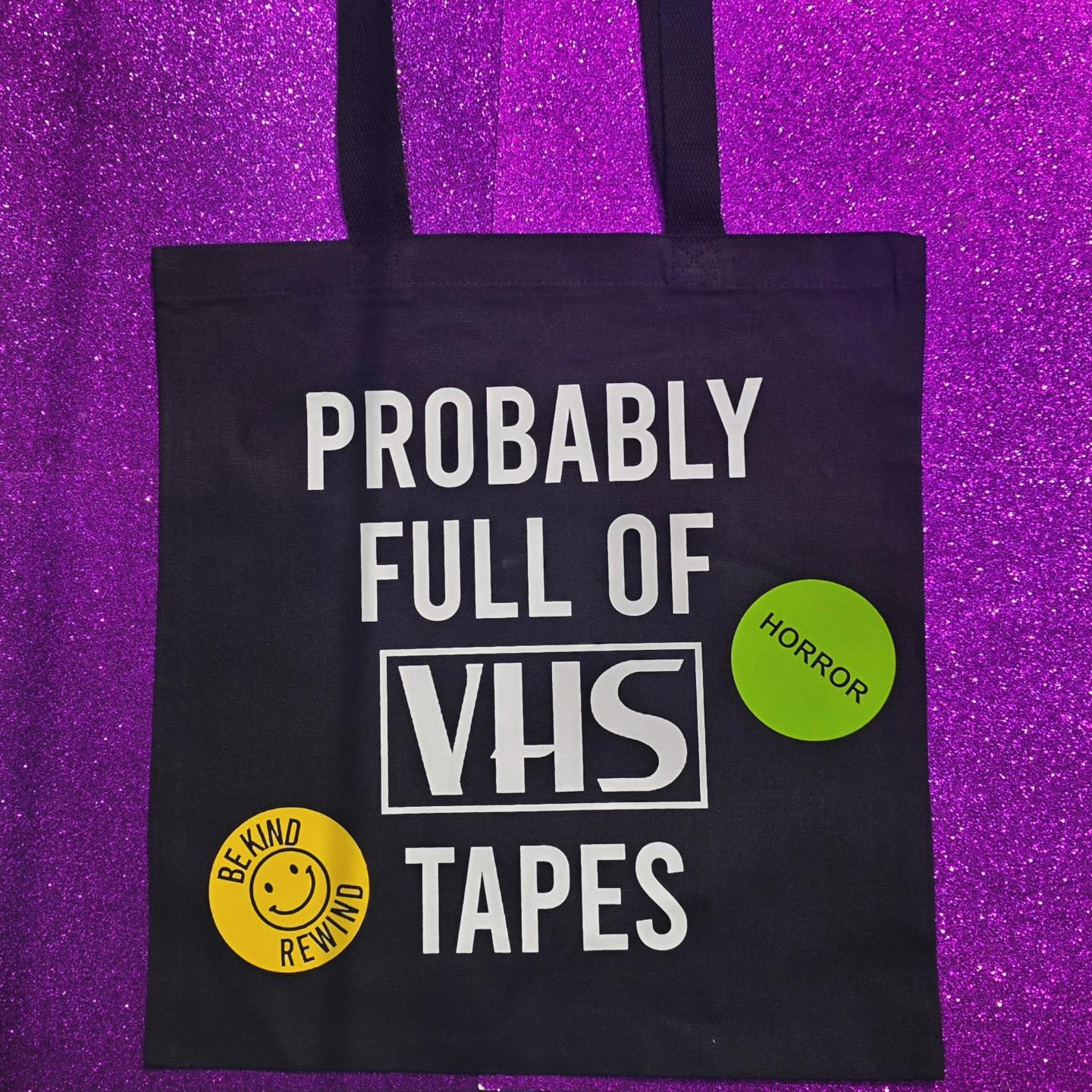 Full Of VHS Tapes Tote Bag Black Cotton Reusable Shopping Bag 15"x16"