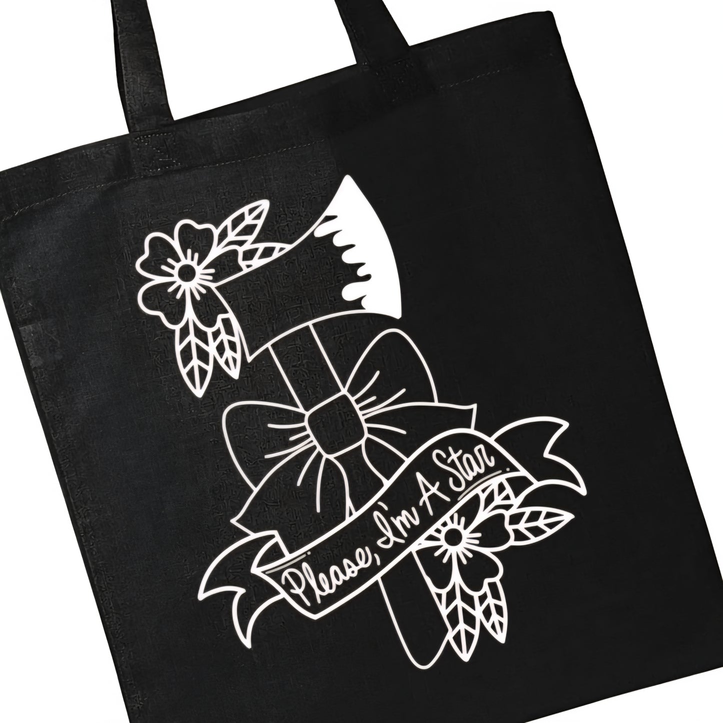 Please I'm A Star Pearl Tote Bag Black Cotton Reusable Shopping Bag 15"x16" Horror Goth Spooky