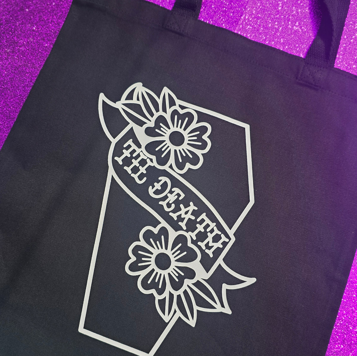 Til Death Coffin Tote Bag Black Cotton Reusable Shopping Bag 15"x16" Horror Goth Spooky