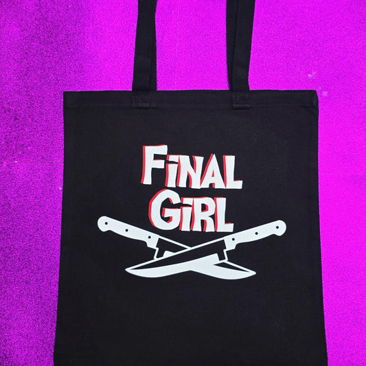 Final Girl  Tote Bag Black Cotton Reusable Shopping Bag 15"x16" Horror Goth Spooky