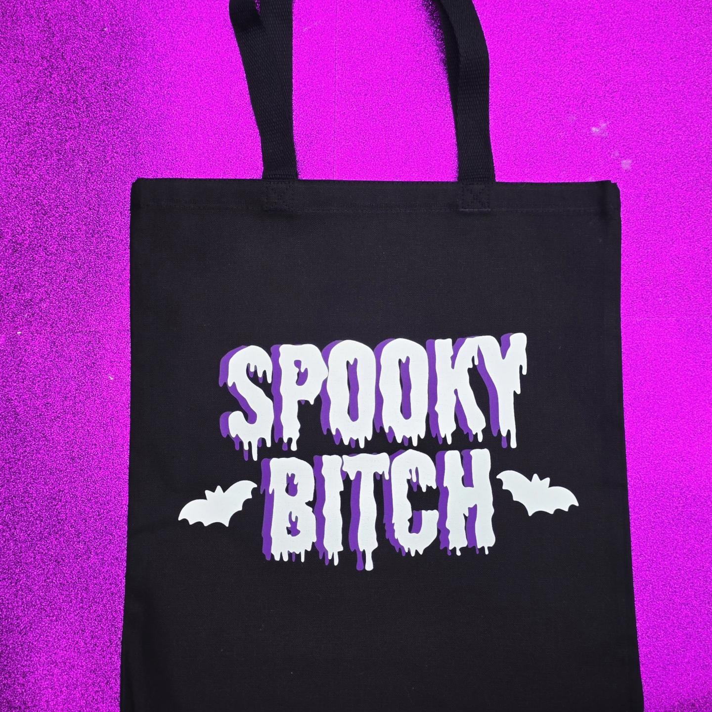 Spooky Bitch Tote Bag Black Cotton Reusable Shopping Bag 15"x16" Horror Goth