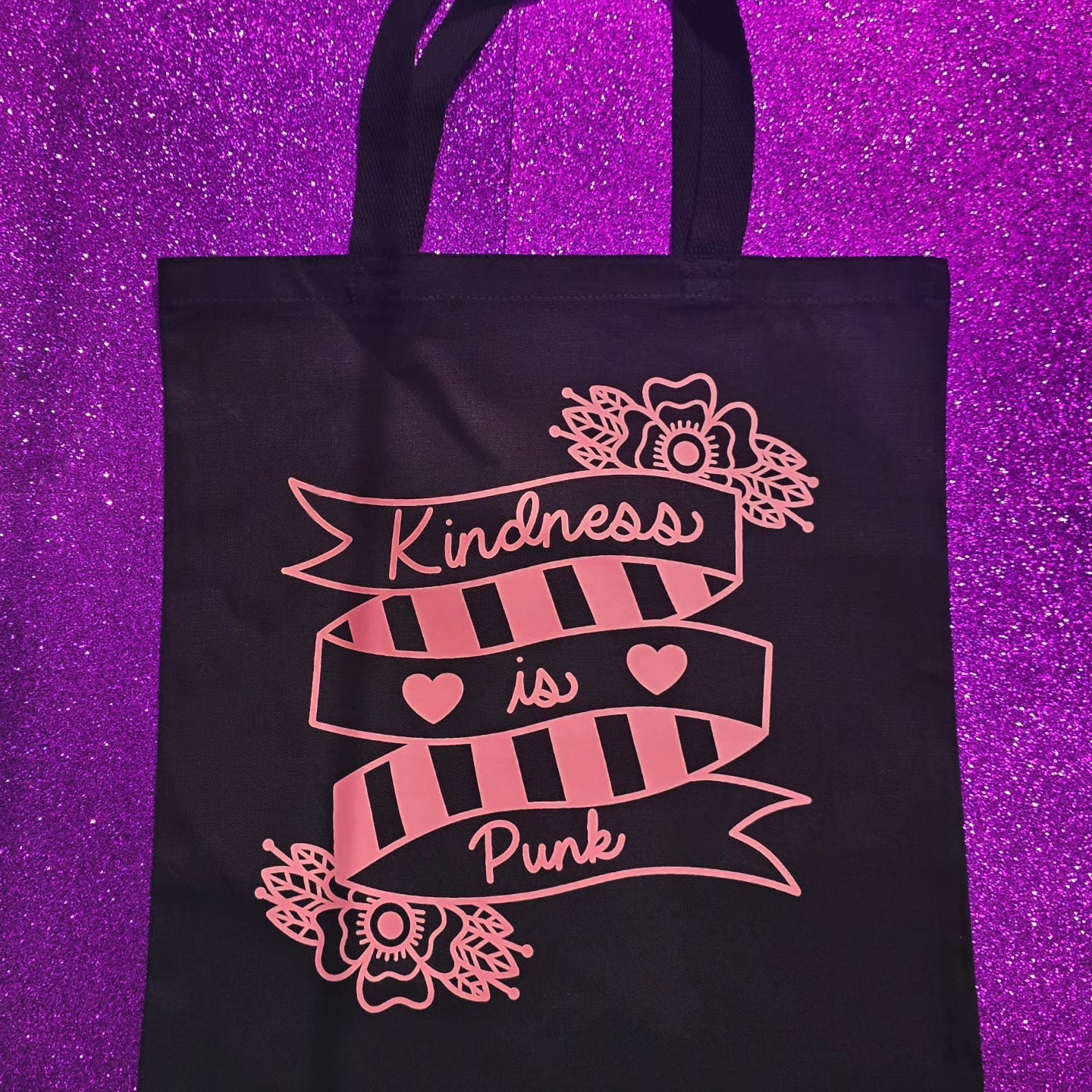 Kindness Is Punk Tote Bag Black Cotton Reusable Shopping Bag 15"x16"