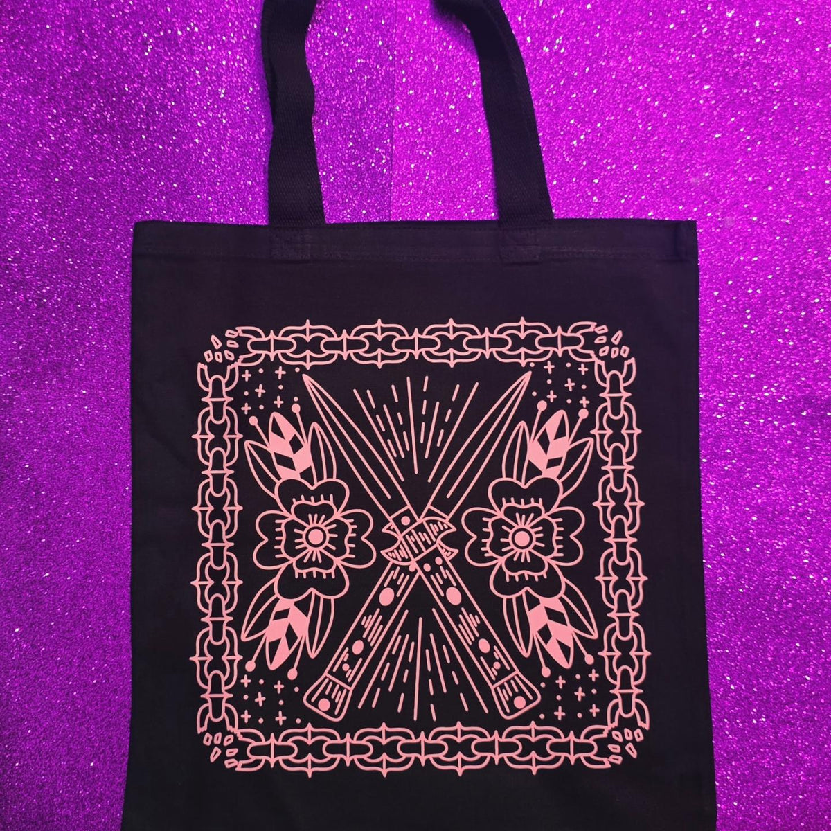 Pink Switchblade Tote Bag Black Cotton Reusable Shopping Bag 15"x16"