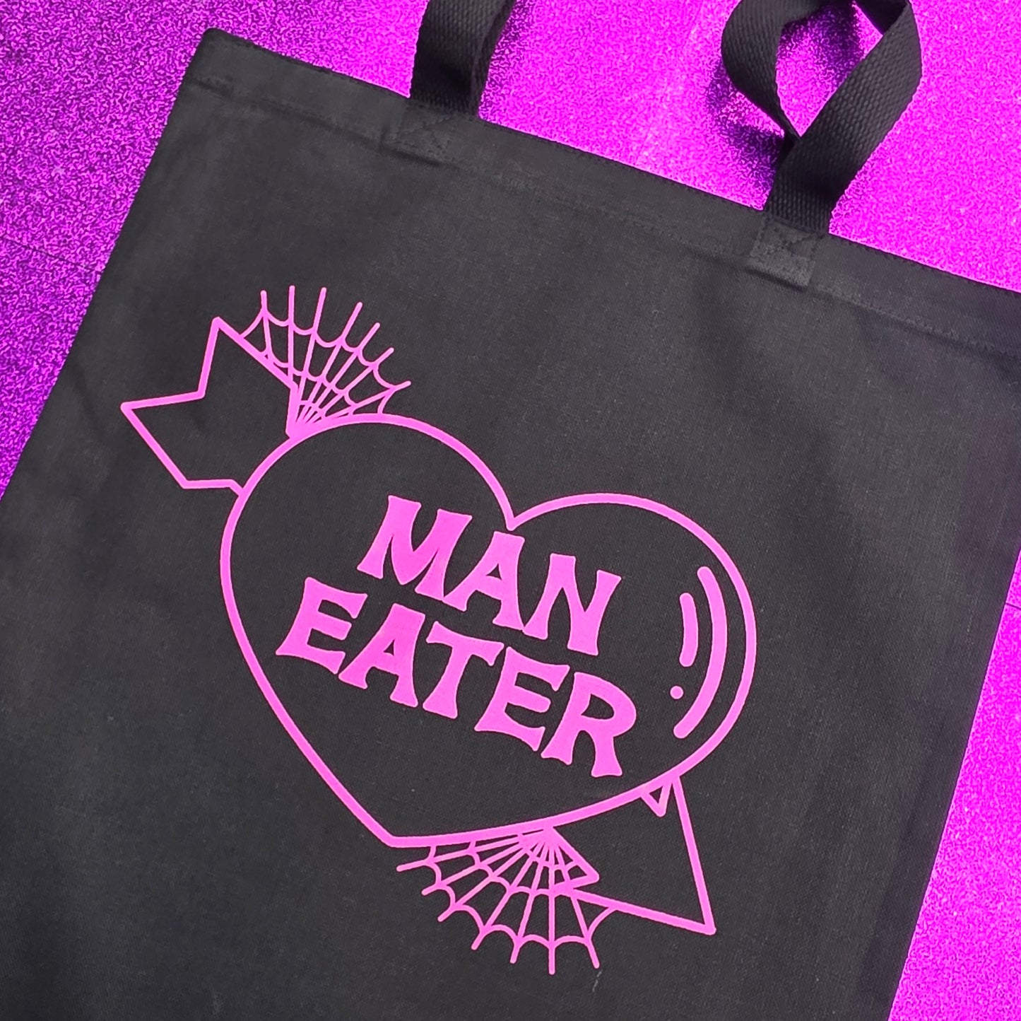 Man Eater Tote Bag Black Cotton Reusable Shopping Bag 15"x16"