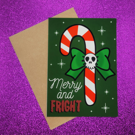 Merry and Fright Skull Candy Cane Spooky Christmas Greeting Card 5x7, Goth Christmas, Creepmas Card, Horror Holiday