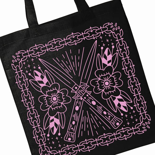 Pink Switchblade Tote Bag Black Cotton Reusable Shopping Bag 15"x16"