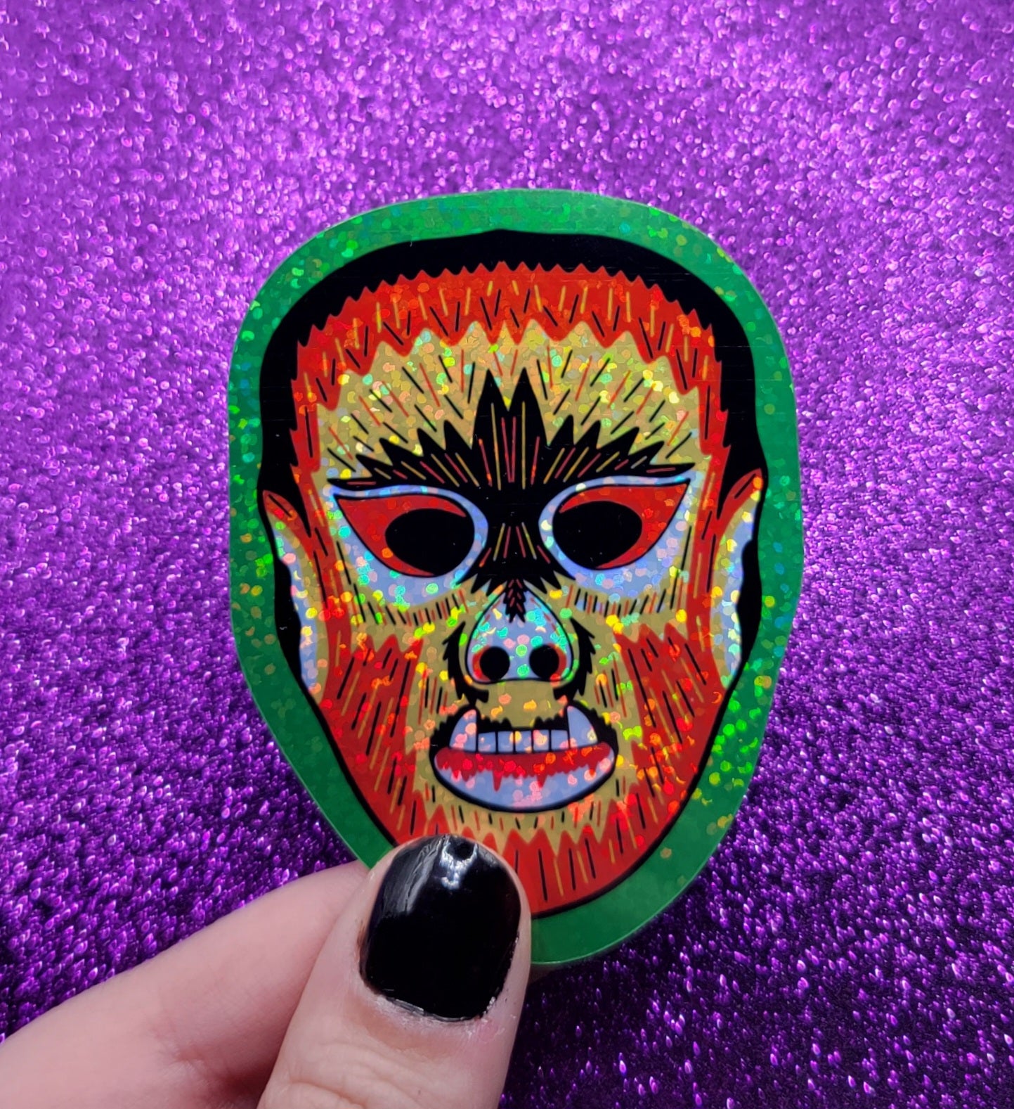 Wolfman Halloween Mask Holographic Sticker 2.5"x3"