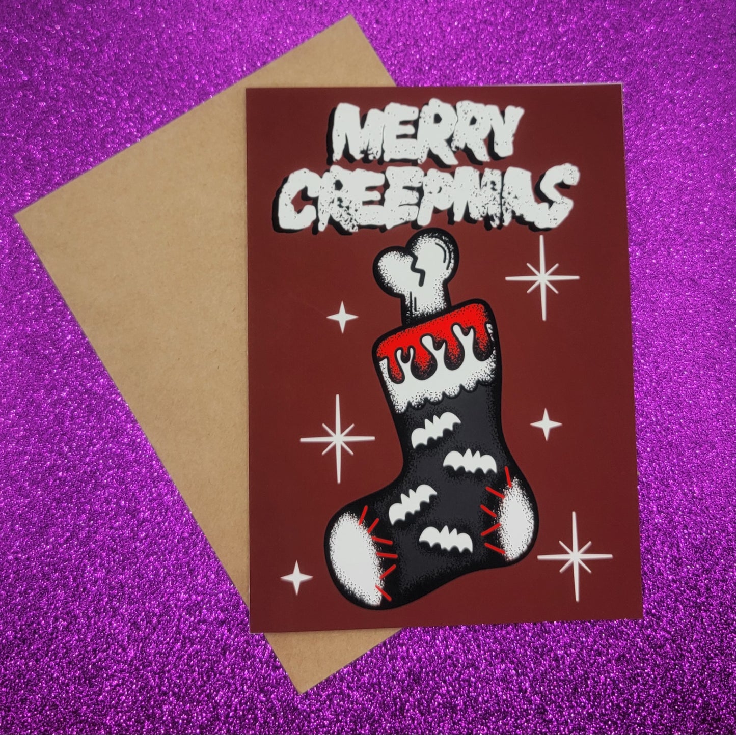 Merry Creepmas Stocking Spooky Christmas Greeting Card 5x7, Goth Christmas, Creepmas Card, Horror Holiday