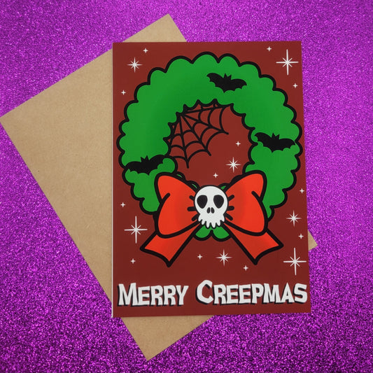 Merry Creepmas Skull Wreath Spooky Christmas Greeting Card 5x7, Goth Christmas, Creepmas Card, Horror Holiday