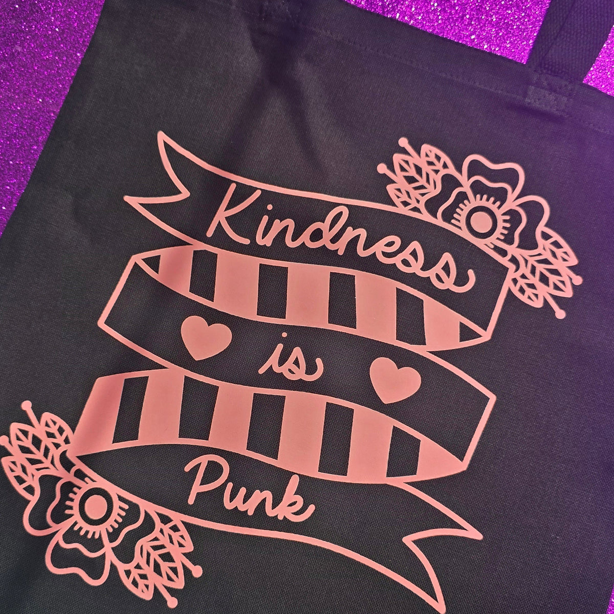 Kindness Is Punk Tote Bag Black Cotton Reusable Shopping Bag 15"x16"