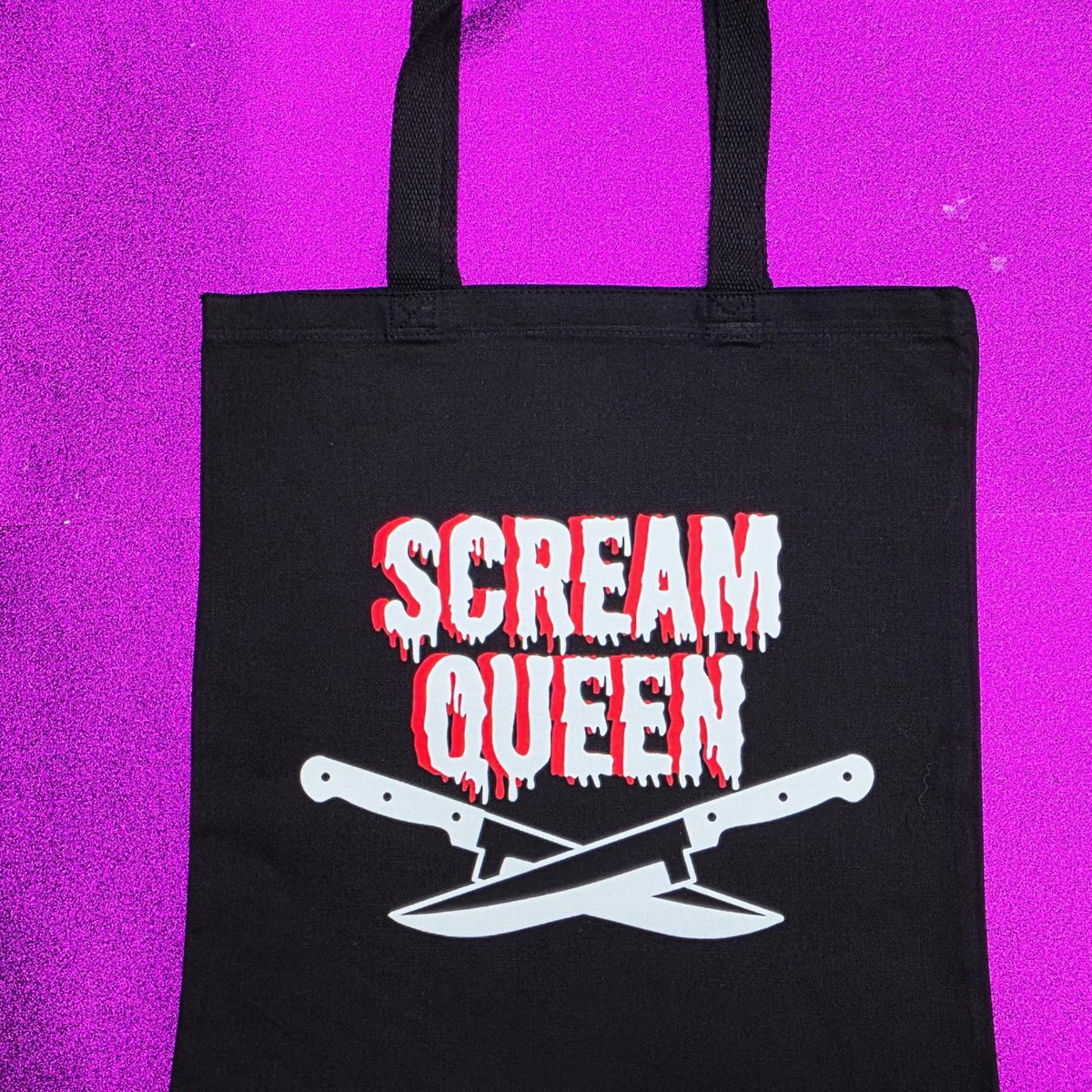 Scream Queen Tote Bag Black Cotton Reusable Shopping Bag 15"x16" Horror Goth Spooky